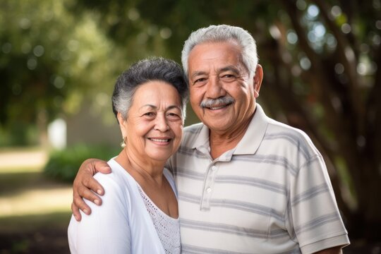 Happy smiling Hispanic senior couple looking at the camera. 