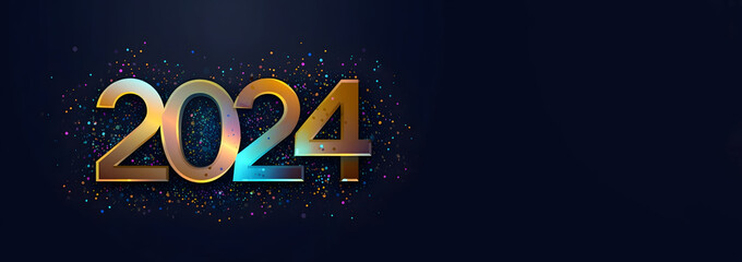 Happy New Year 2024 holiday background with fireworks, many color text effect, and copy space 2024 year background.