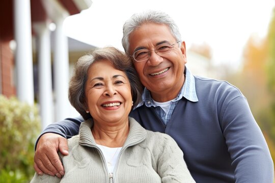 Happy smiling Hispanic senior couple looking at the camera. 