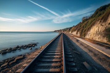 Obraz premium view of railroad tracks with beach. generative ai