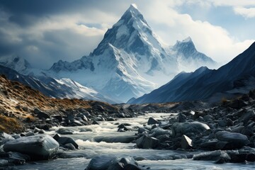 Glacier Moving Through Mountain Range - obrazy, fototapety, plakaty