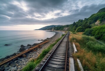 Obraz premium view of railroad tracks with beach. generative ai