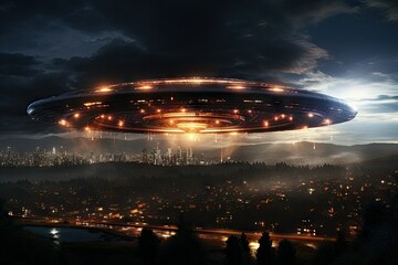 Classic UFO Shape with Bright Lights in City Sky
