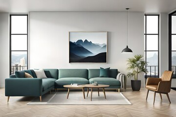 Fototapeta premium Mockup poster frame on the wall. Scandinavian living room with a big template of a picture on the wall would feature a clean, simple design with natural materials and neutral colors. 3d rendering.