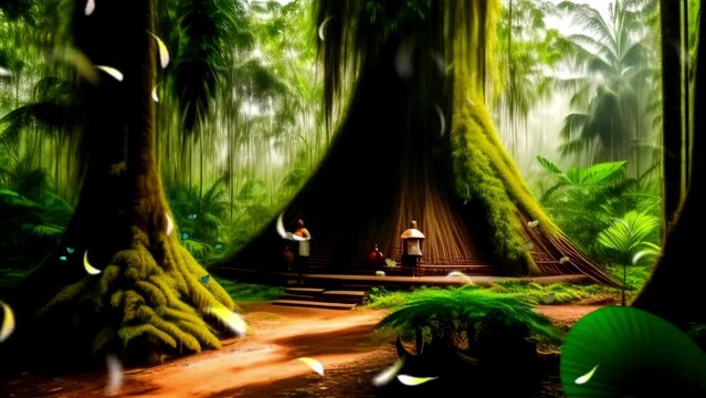 Tropical forests with large trees are a source of life, seamless looping video background animation, cartoon style