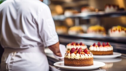 pastry chef decorating a cake in a bakery generative ai