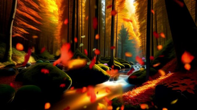 autumn forest with falling leaves, seamless looping video background animation, cartoon style