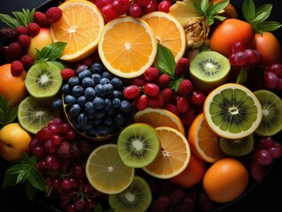 Assortment of Exotic Fruits Sliced and Arranged