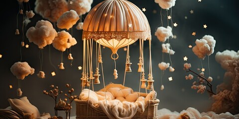 Gentle Mobile Hanging Over a Baby's Crib with Soft Shapes - obrazy, fototapety, plakaty