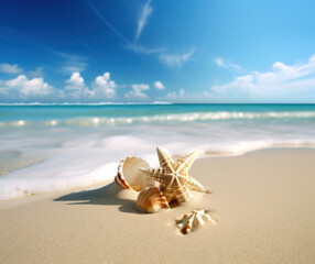 Fototapeta na wymiar Serene Beachscape with Starfish and Seashells