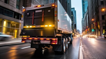 Naklejka premium focused truck driver navigating through a busy city street generative ai