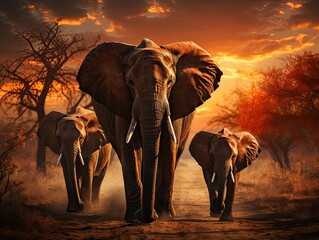 Family of Elephants Crossing Savannah at Sunset