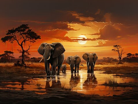 Family of Elephants Crossing Savannah at Sunset