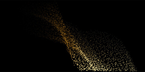Abstract random gold gradient light dot particles wavy flowing curve shape isolated on black background. Vector in concept luxury, technology, science, music, modern.