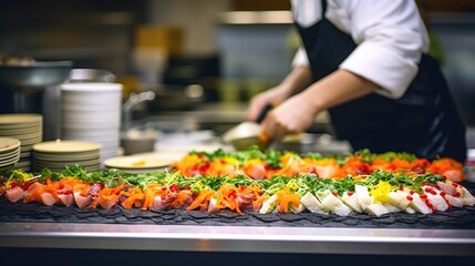 Obraz premium sushi chef preparing sushi in a restaurant generative ai