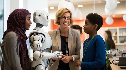 School class teacher and student college teen enjoy building electronic robot ai construction interaction and conversation robotics progress and engineering technology machine learning ,ai generate