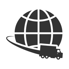 Vector illustration of world cargo truck icon in dark color and transparent background(PNG).