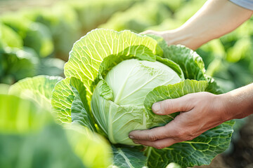 Hands holding ripe cabbage in the field - obrazy, fototapety, plakaty