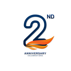 2nd anniversary logo in a simple and luxurious style with blue numbers and orange wings, vector template