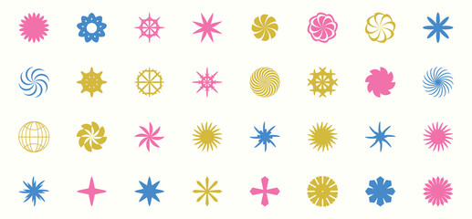 Vector set of abstract minimalistic geometric elements. Contemporary simple different zigzag shapes, curves, lines, triangles, symbol circles, logos, UI.