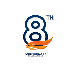 8th anniversary logo in a simple and luxurious style with blue numbers and orange wings, vector template