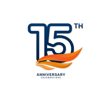 15th anniversary logo in a simple and luxurious style with blue numbers and orange wings, vector template