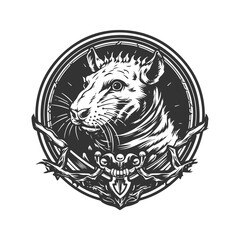 rat warlord of pride, vintage logo line art concept black and white color, hand drawn illustration