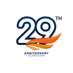29th anniversary logo in a simple and luxurious style with blue numbers and orange wings, vector template