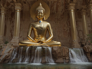Large Buddha statue  stands tall on a rock in the heart of a picturesque valley.