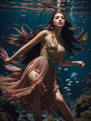 Obraz na płótnie Canvas Beautiful girl wearing a luxurious dress gracefully moves through the underwater world, surrounded by vibrant corals and playful fish.