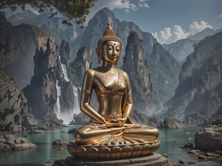 Serene large Buddha statue stands in perfect harmony with the surrounding mountains and cascading waterfalls, creating a captivating sight of spiritual and natural beauty.