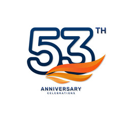 53th anniversary logo in a simple and luxurious style with blue numbers and orange wings, vector template