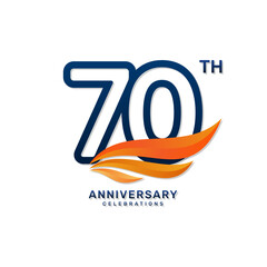 70th anniversary logo in a simple and luxurious style with blue numbers and orange wings, vector template