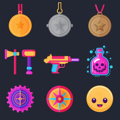 10 video games icon illustrations set isolated on the colored background