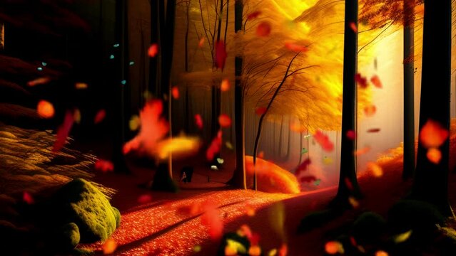 autumn forest with falling leaves, seamless looping video background animation, cartoon style, suitable for music creator	