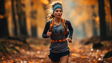 Fototapeta premium A beautiful Caucasian woman is practicing trail running for health in the morning sunrise.