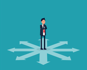 Person confused by direction signs. Business direction and choice concept.
