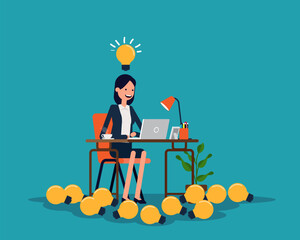 Businesswoman creativng a lot of idea bulbs. Knowledge and Thinking concept