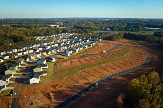 View from above of densely built residential houses under construction in south Carolina residential area. American dream homes as example of real estate development in US suburbs