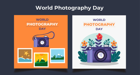 A set of posters for world photography day
World Photography Day with camera lens world map and  Planning summer vacations. Holiday, journey. Tourism and vacation theme. social media post. Flat design