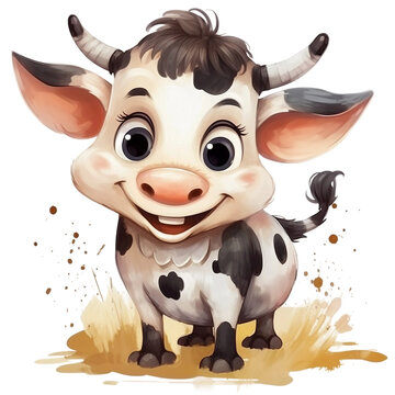 Funny Farm Animal Cartoon Cute Baby Cow Laugh, Watercolor Digital Clipart