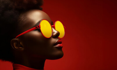 An african woman wearing sunglasses against a red background. Wearing vibrant color yellow clothing. Pop culture and fashion photography.