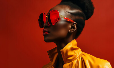 An african woman wearing oversized reflective sunglasses against a red background. Wearing vibrant color yellow clothing. Pop culture and fashion photography. Hyper real saturated colour.