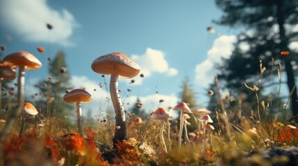 Low-angle shot of a mushroom field with a view of the forest canopy in bright autumnal colors. Generative AI