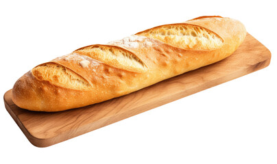 Long baguette on cutting board isolated on transparent background, traditional French bread