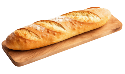 Long baguette on cutting board isolated on transparent background, traditional French bread