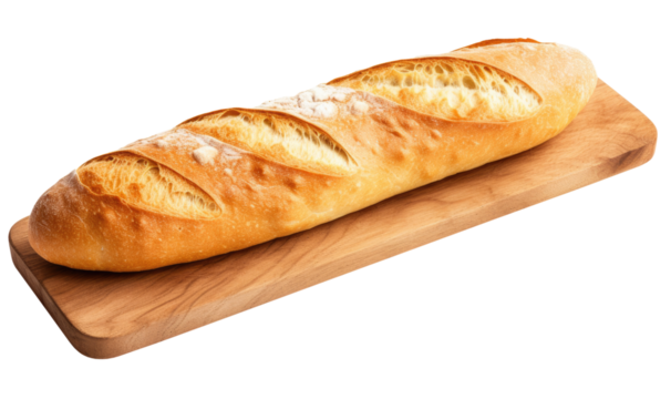 Long baguette on cutting board isolated on transparent background, traditional French bread