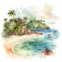 Obraz na płótnie Canvas watercolor of a tropical island with lush green forests white sandy beaches