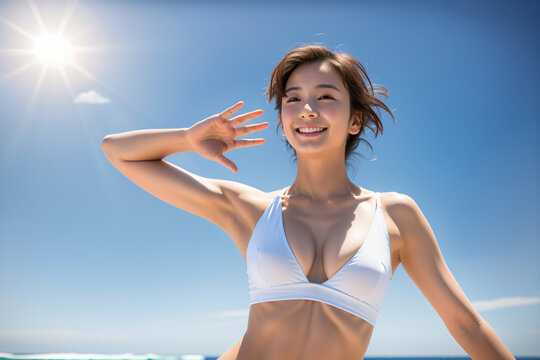 青空をバックに健康的に微笑む白いビキニ姿の若い日本人女性 AI Generated