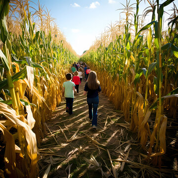Kids walking through a corn maze; generative AI illustration